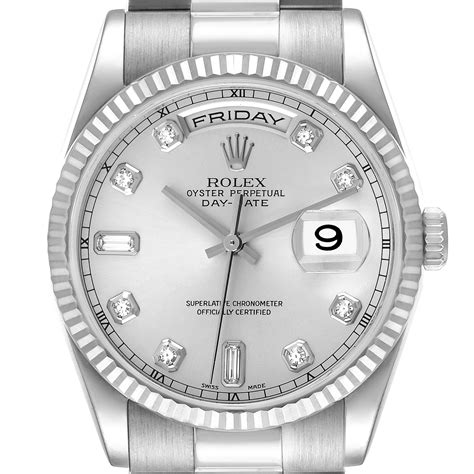 rolex oyster perpetual day date white gold diamonds|Rolex presidential diamond bezel price.